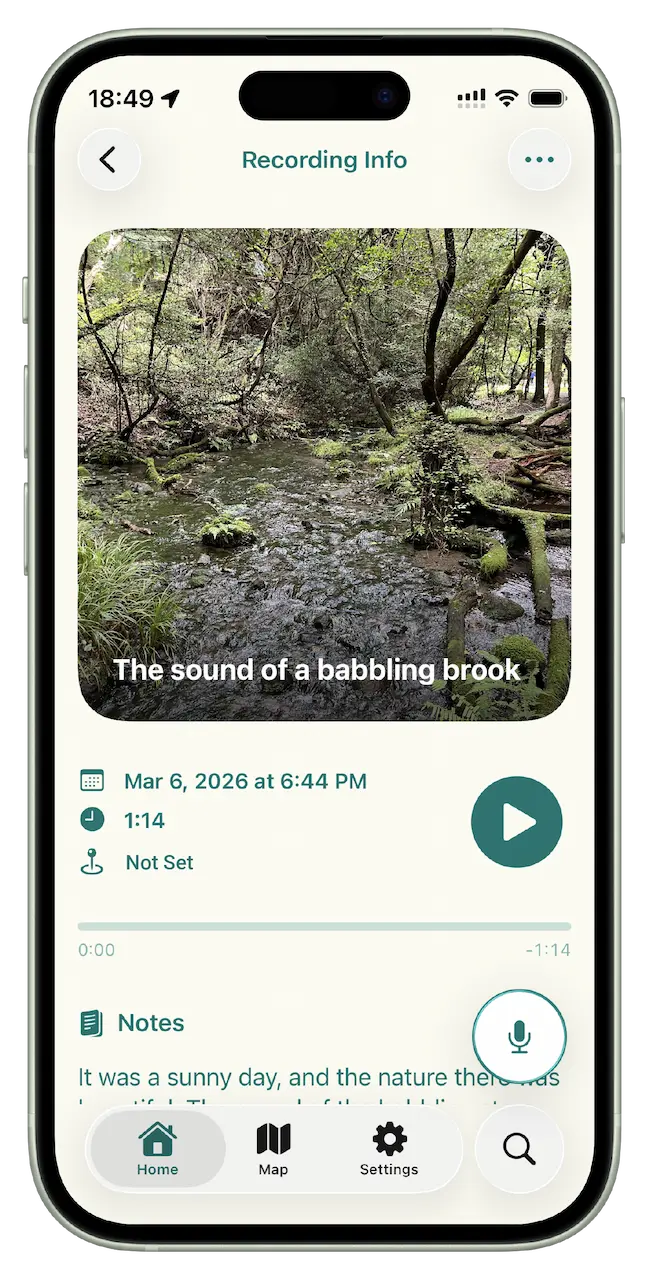 A saved recording in Phonography with its photo, date, place and notes